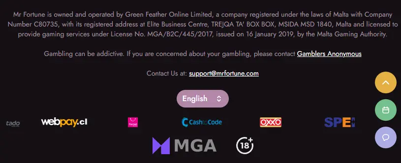 Mr Fortune Casino customer support and licence information